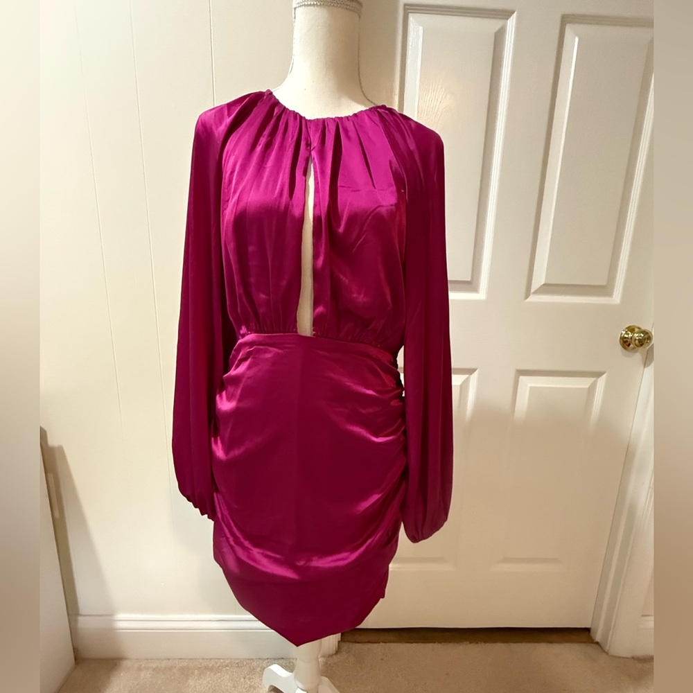 Showpo Pink Ruched Sheath Dress with Bishop Sleeves